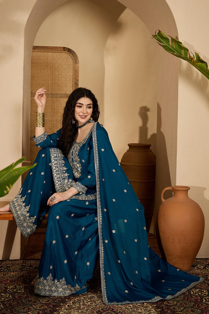 Teal Blue Chinon Silk Floral Embroidered Kurta Set