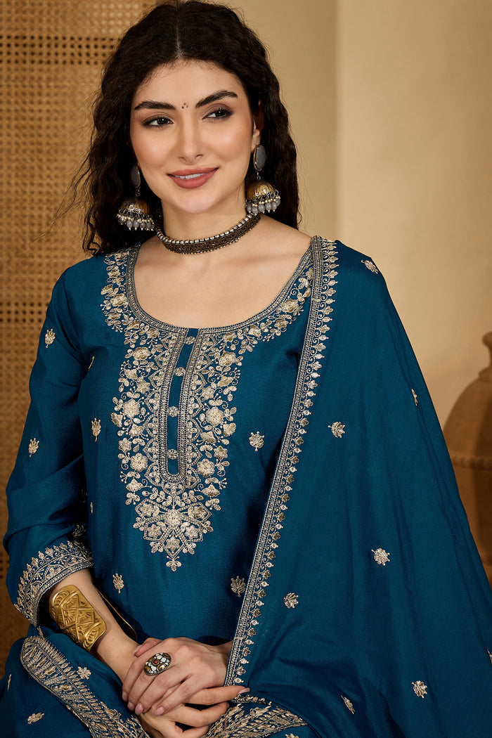 Teal Blue Chinon Silk Floral Embroidered Kurta Set