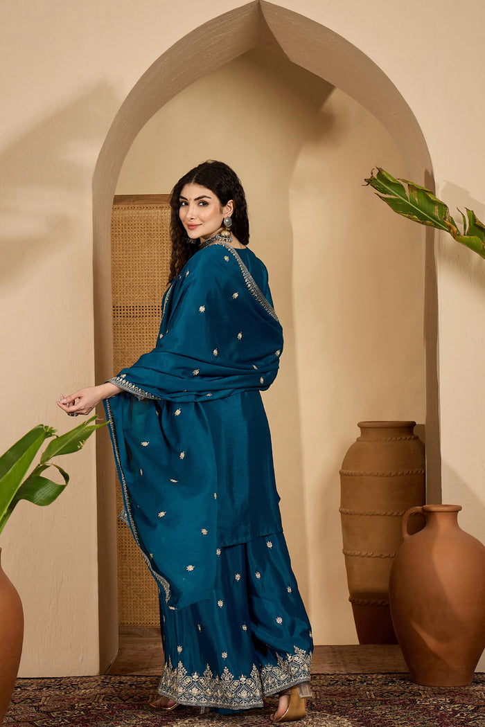 Teal Blue Chinon Silk Floral Embroidered Kurta Set