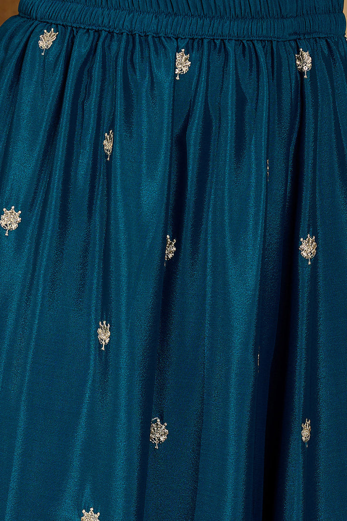 Teal Blue Chinon Silk Floral Embroidered Kurta Set