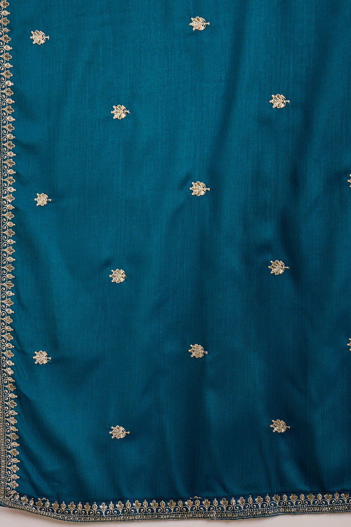 Teal Blue Chinon Silk Floral Embroidered Kurta Set