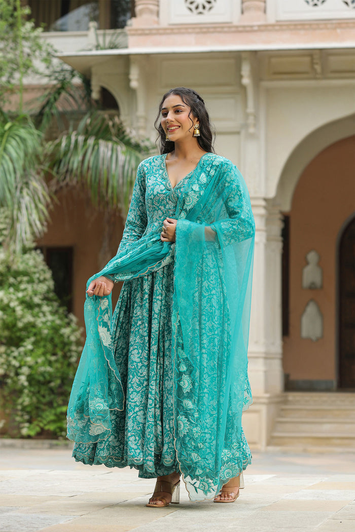 <img> Teal Blue Cotton Floral Printed Anarkali Set