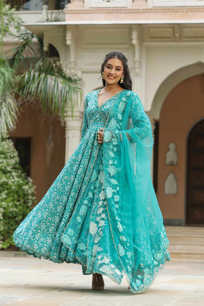 <img> Teal Blue Cotton Floral Printed Anarkali Set