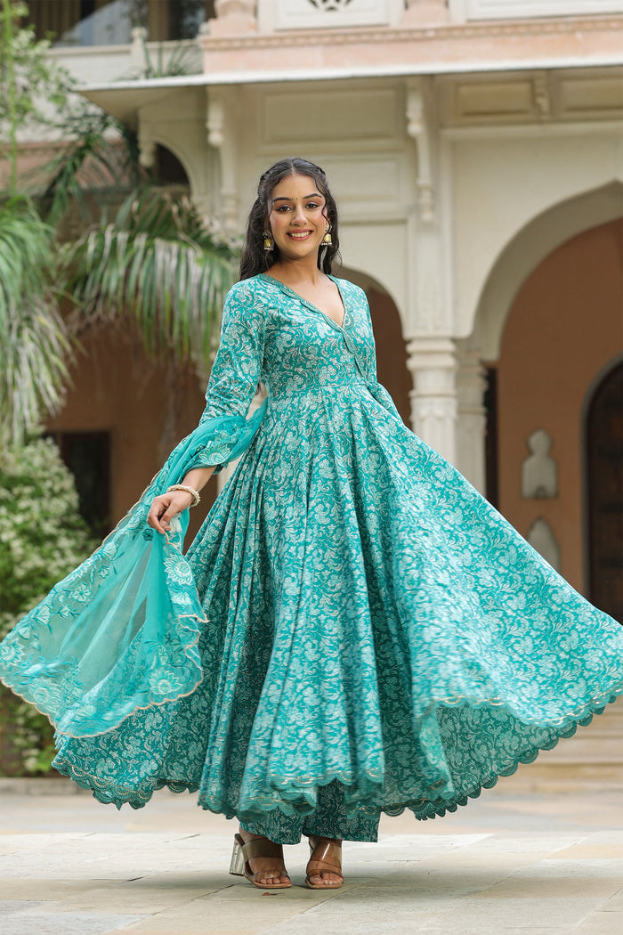 <img> Teal Blue Cotton Floral Printed Anarkali Set