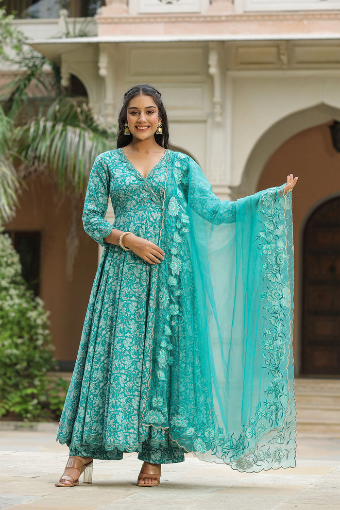 <img> Teal Blue Cotton Floral Printed Anarkali Set
