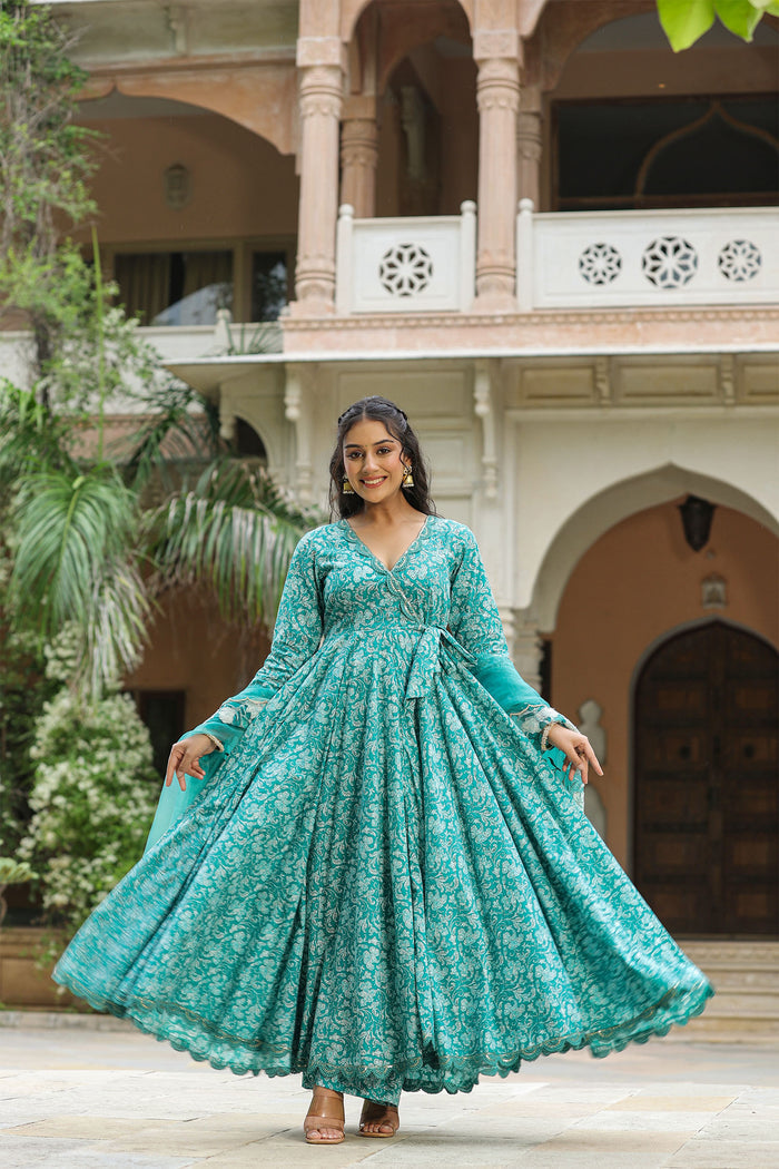 <img> Teal Blue Cotton Floral Printed Anarkali Set