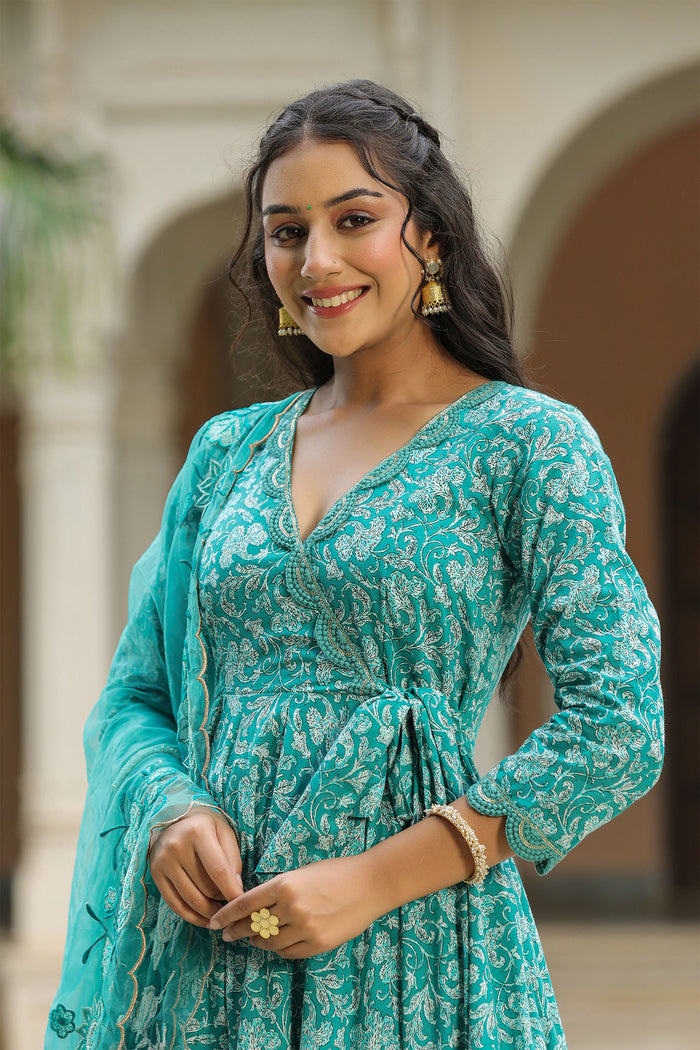 <img> Teal Blue Cotton Floral Printed Anarkali Set