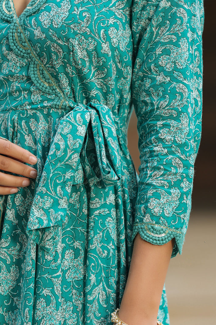 <img> Teal Blue Cotton Floral Printed Anarkali Set