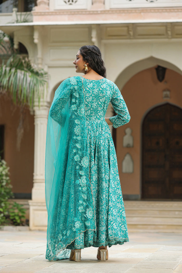 <img> Teal Blue Cotton Floral Printed Anarkali Set