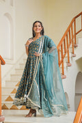 <img> Teal Blue Cotton Printed Anarkali Set