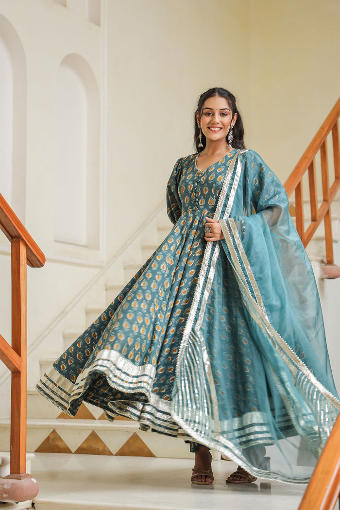 <img> Teal Blue Cotton Printed Anarkali Set