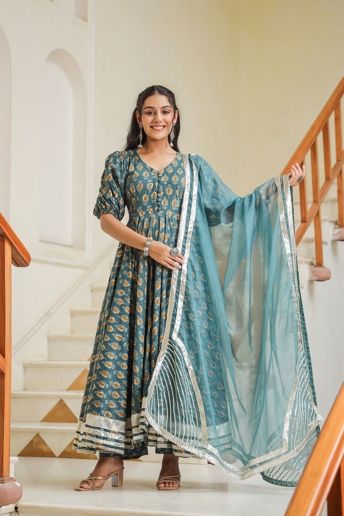<img> Teal Blue Cotton Printed Anarkali Set