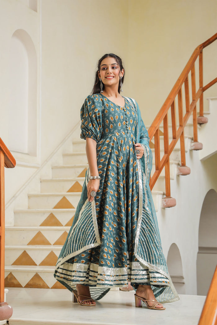 <img> Teal Blue Cotton Printed Anarkali Set