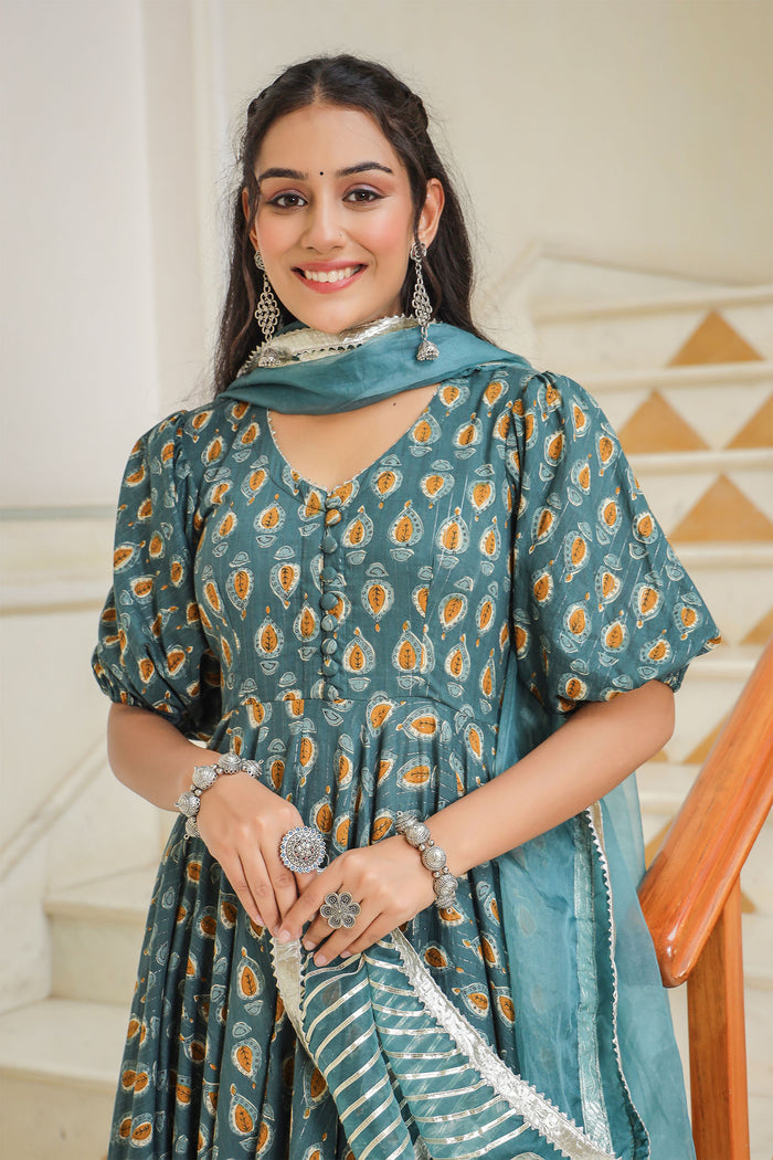<img> Teal Blue Cotton Printed Anarkali Set