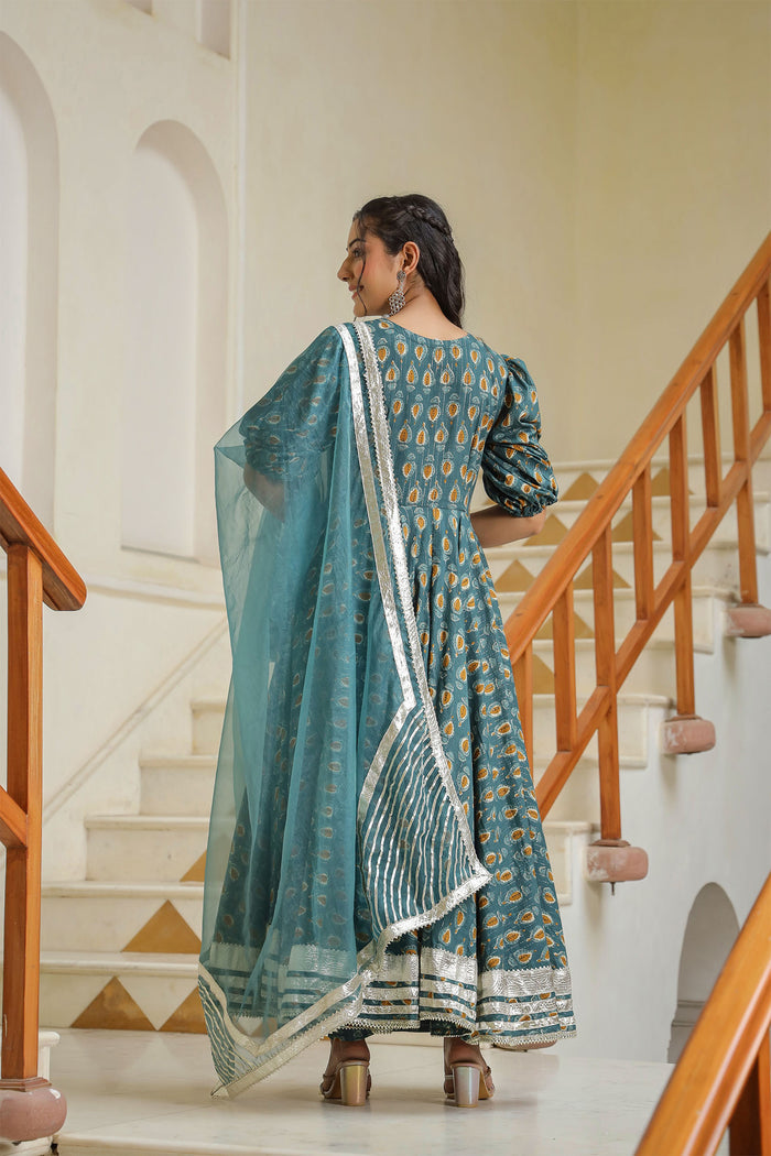 <img> Teal Blue Cotton Printed Anarkali Set