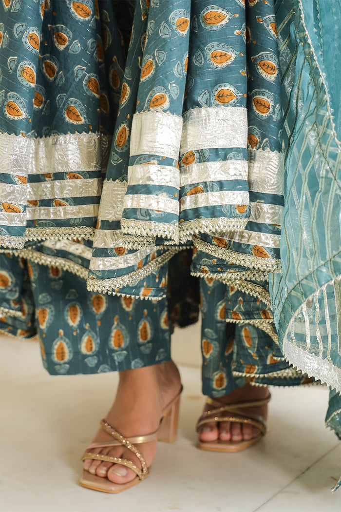 <img> Teal Blue Cotton Printed Anarkali Set