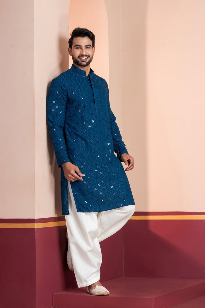 Teal Blue Cotton Silk Embroidered Patiala Set