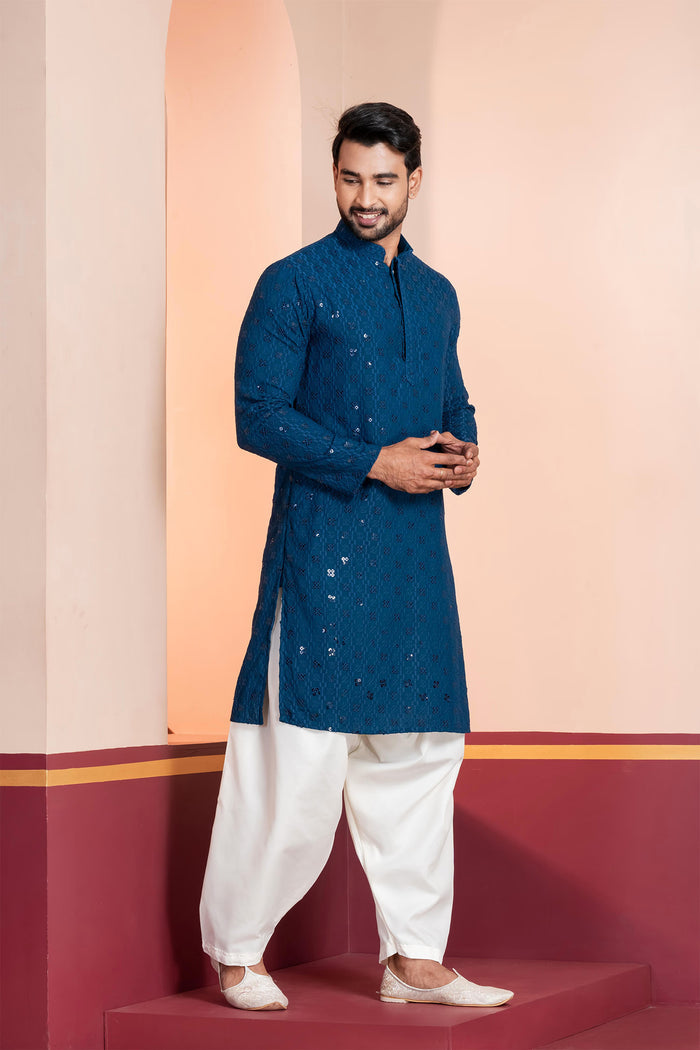 Teal Blue Cotton Silk Embroidered Patiala Set
