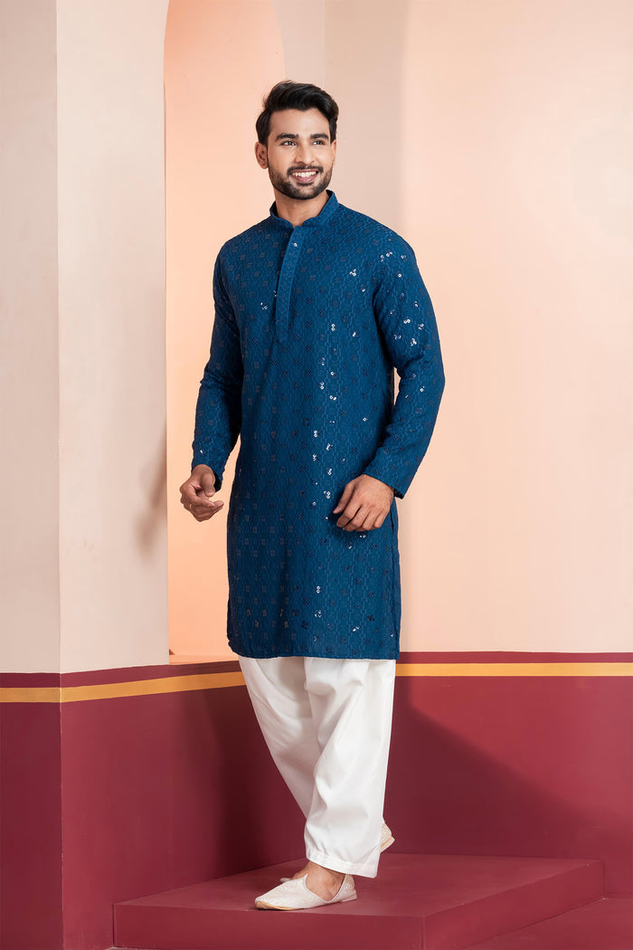 Teal Blue Cotton Silk Embroidered Patiala Set