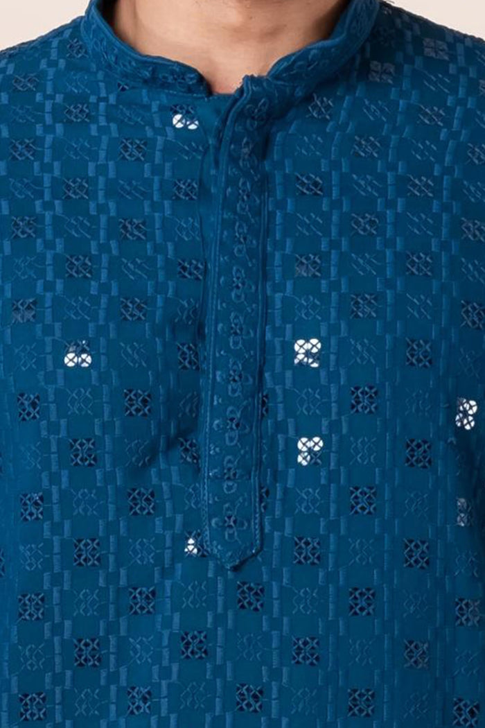 Teal Blue Cotton Silk Embroidered Patiala Set