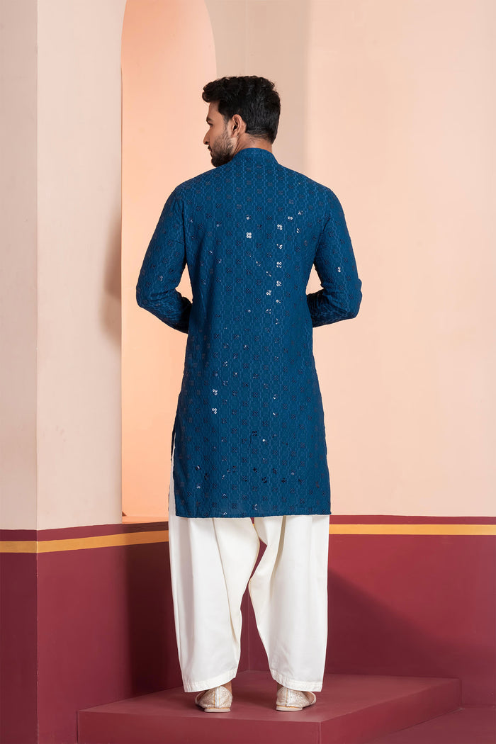 Teal Blue Cotton Silk Embroidered Patiala Set