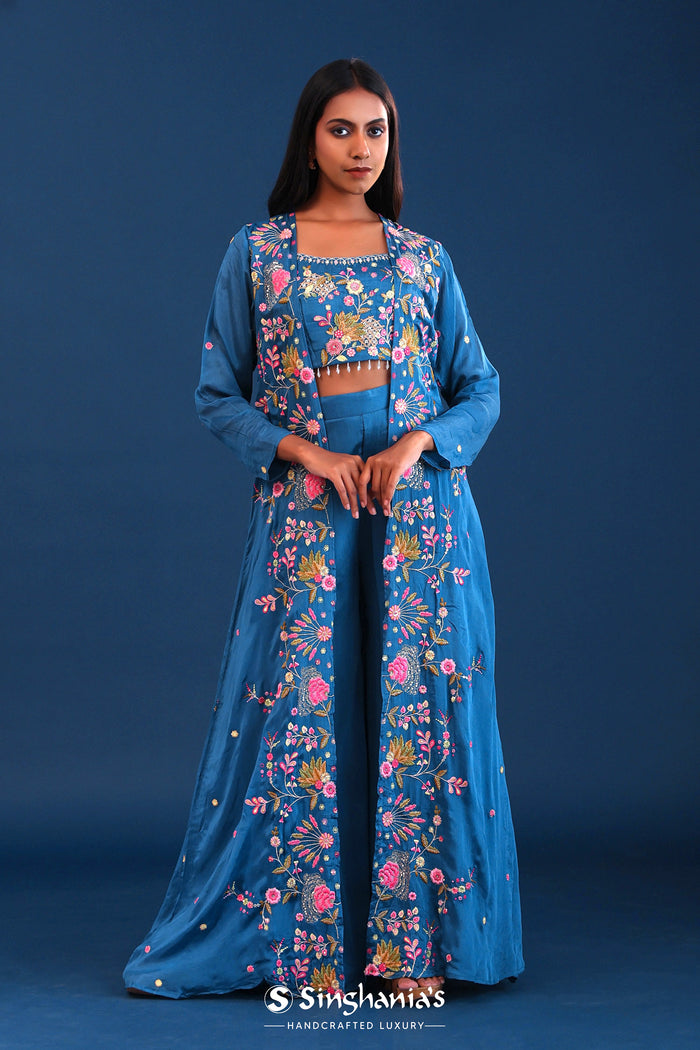 Teal Blue Crepe Silk Indo Western Choli Set