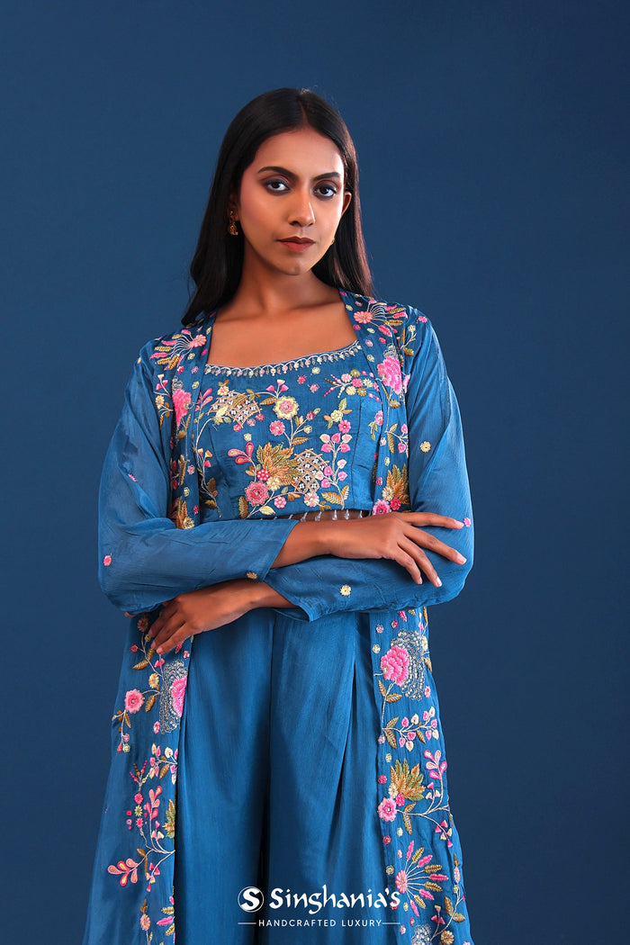 Teal Blue Crepe Silk Indo Western Choli Set