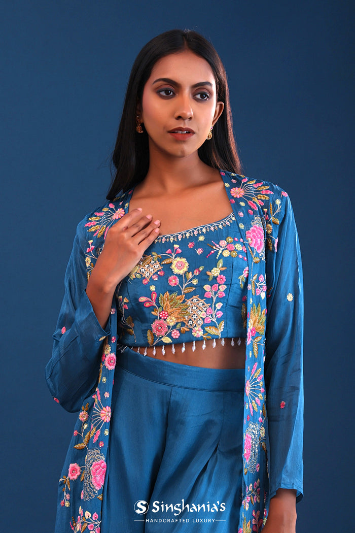 Teal Blue Crepe Silk Indo Western Choli Set