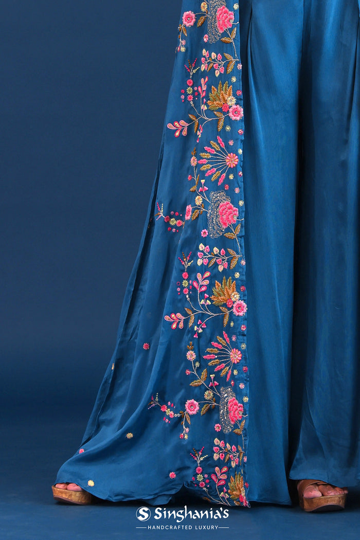 Teal Blue Crepe Silk Indo Western Choli Set