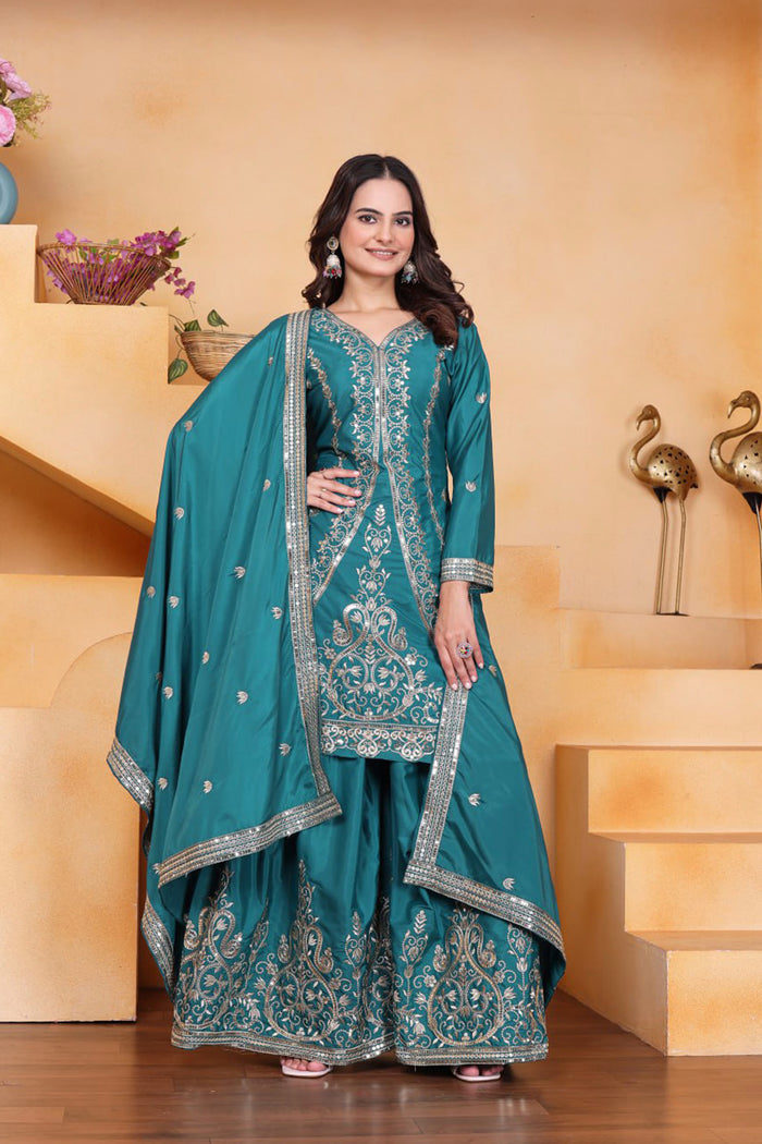 Teal Blue Embroidered Crepe Sharara Set