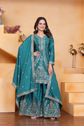 Teal Blue Embroidered Crepe Sharara Set