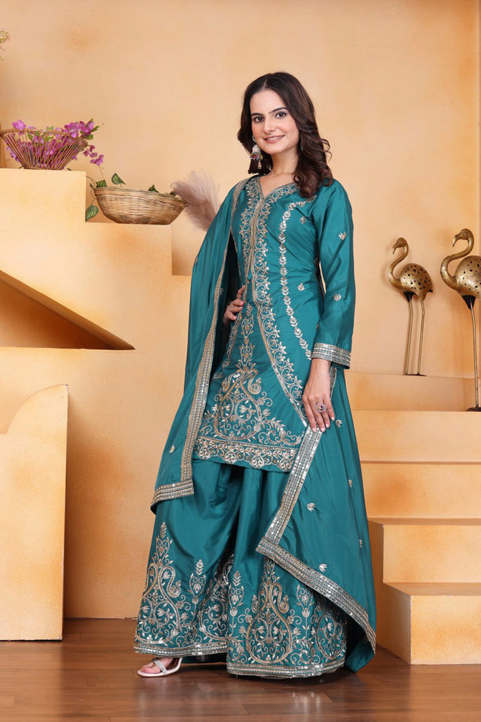 Teal Blue Embroidered Crepe Sharara Set