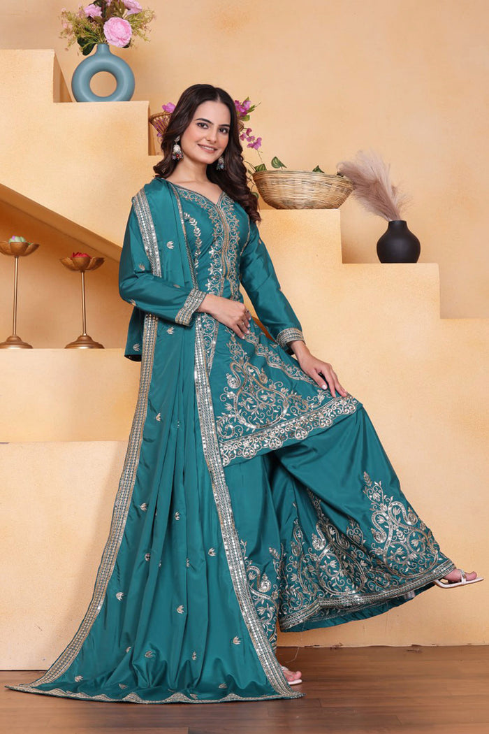 Teal Blue Embroidered Crepe Sharara Set