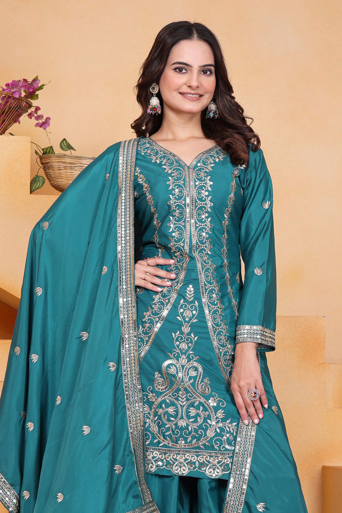 Teal Blue Embroidered Crepe Sharara Set