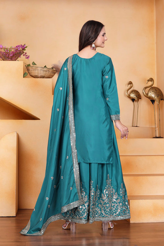 Teal Blue Embroidered Crepe Sharara Set