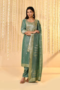 Teal Blue Floral Banarasi Tissue Kurta Set