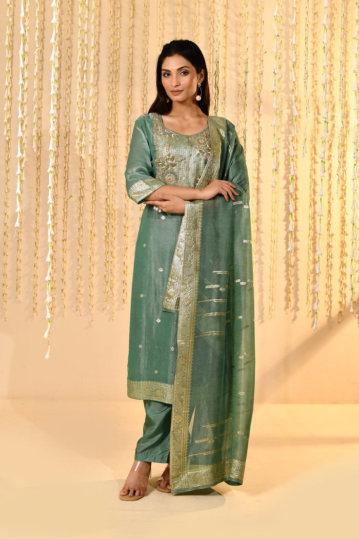 Teal Blue Floral Banarasi Tissue Kurta Set