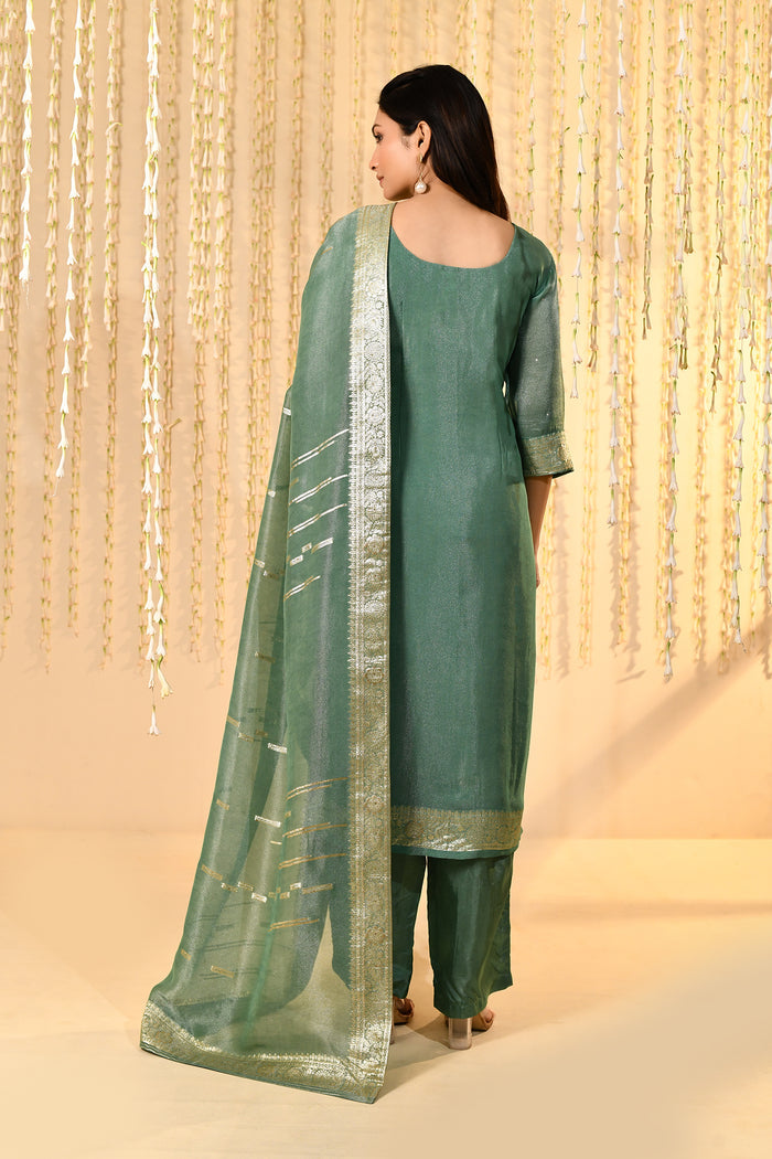 Teal Blue Floral Banarasi Tissue Kurta Set
