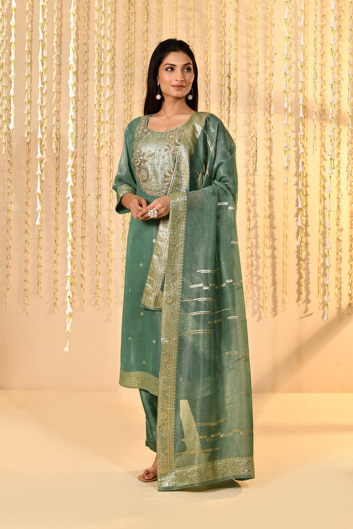 Teal Blue Floral Banarasi Tissue Kurta Set