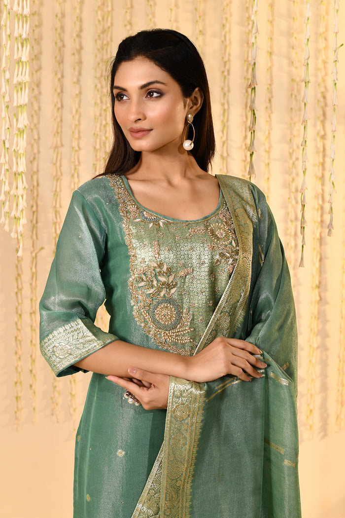 Teal Blue Floral Banarasi Tissue Kurta Set