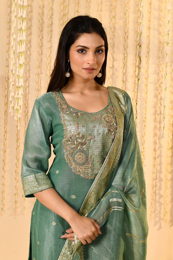 Teal Blue Floral Banarasi Tissue Kurta Set