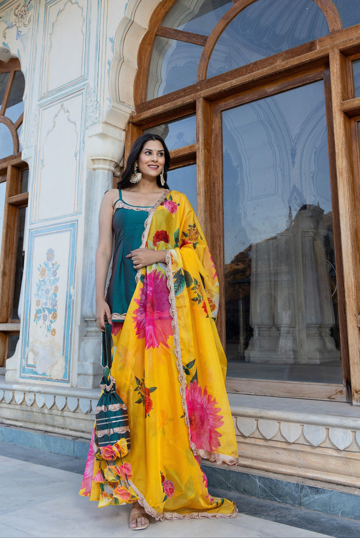 Teal Blue Floral Layered Co-Ord Indo Western Set