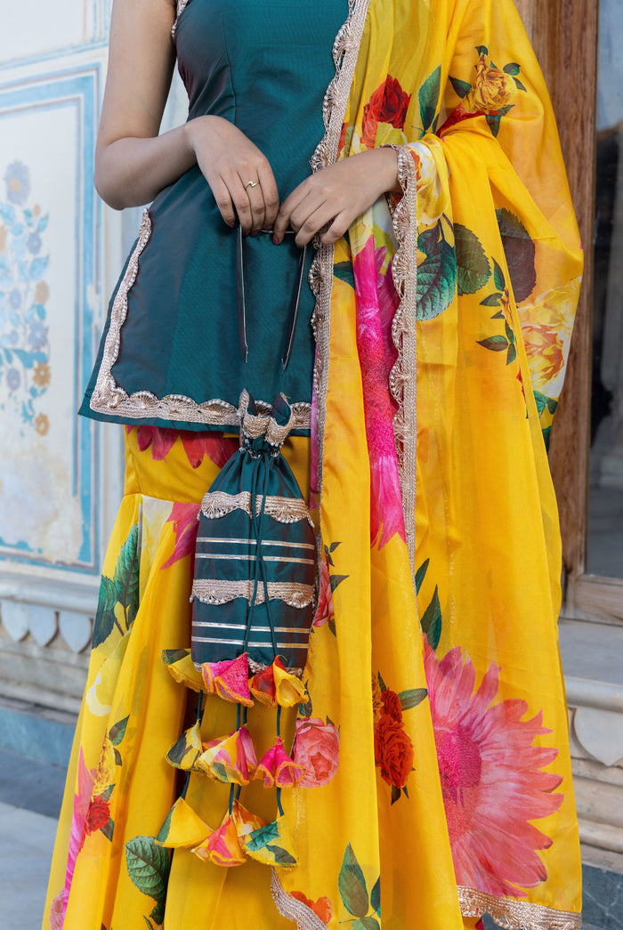 Teal Blue Floral Layered Co-Ord Indo Western Set