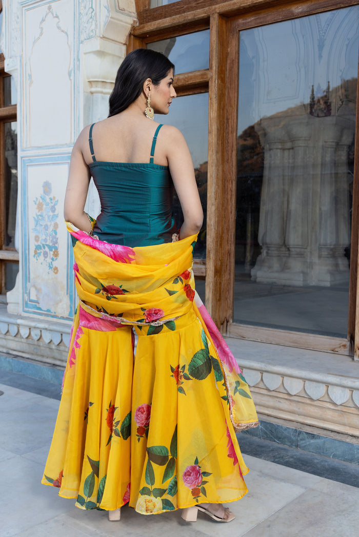 Teal Blue Floral Layered Co-Ord Indo Western Set