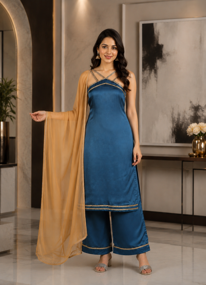 Teal Blue Organza Kurti With Criss-Cross Neckline