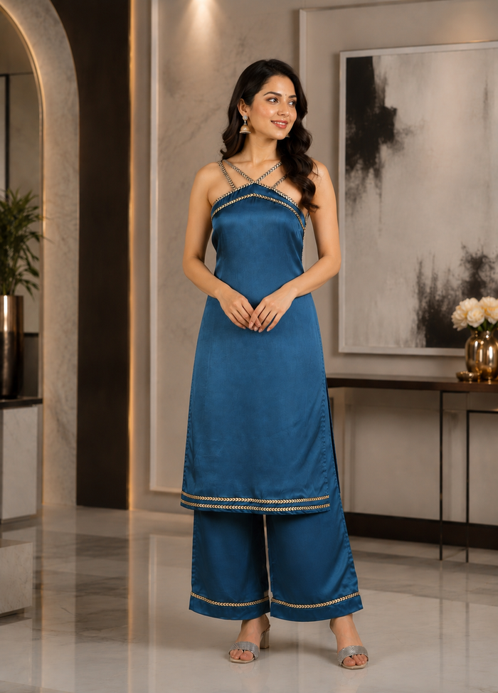 Teal Blue Organza Kurti With Criss-Cross Neckline