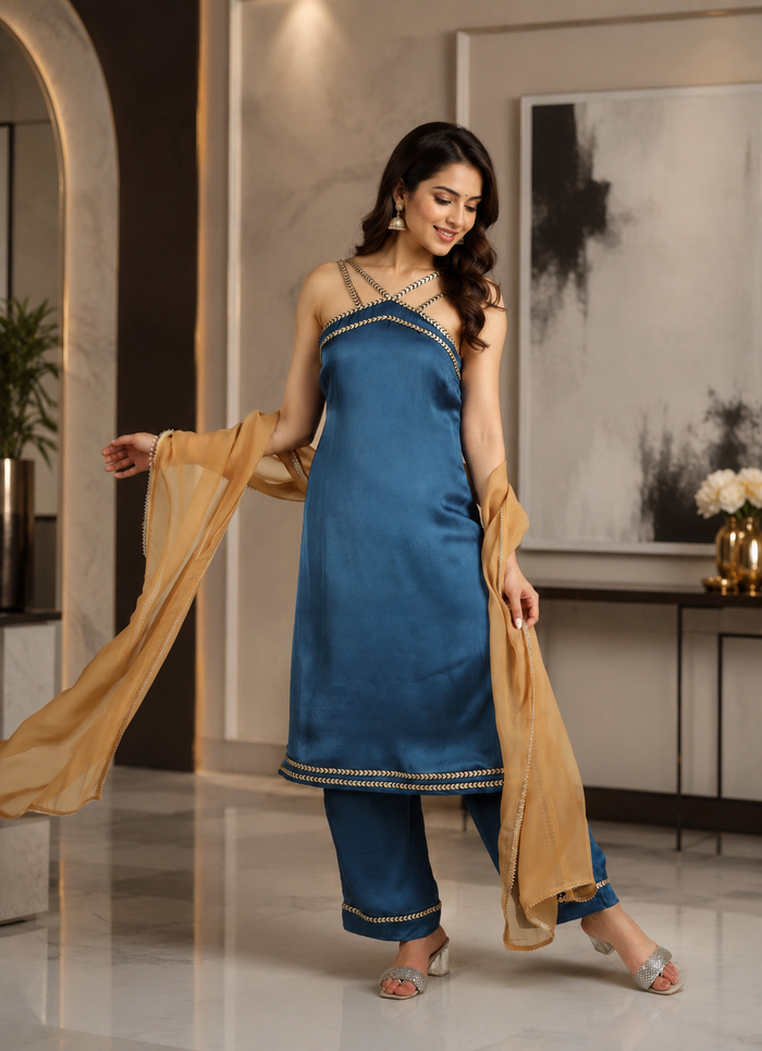 Teal Blue Organza Kurti With Criss-Cross Neckline