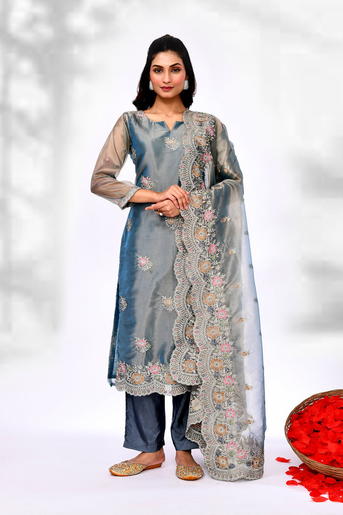 Teal Blue Organza Tissue Floral Kurta Set