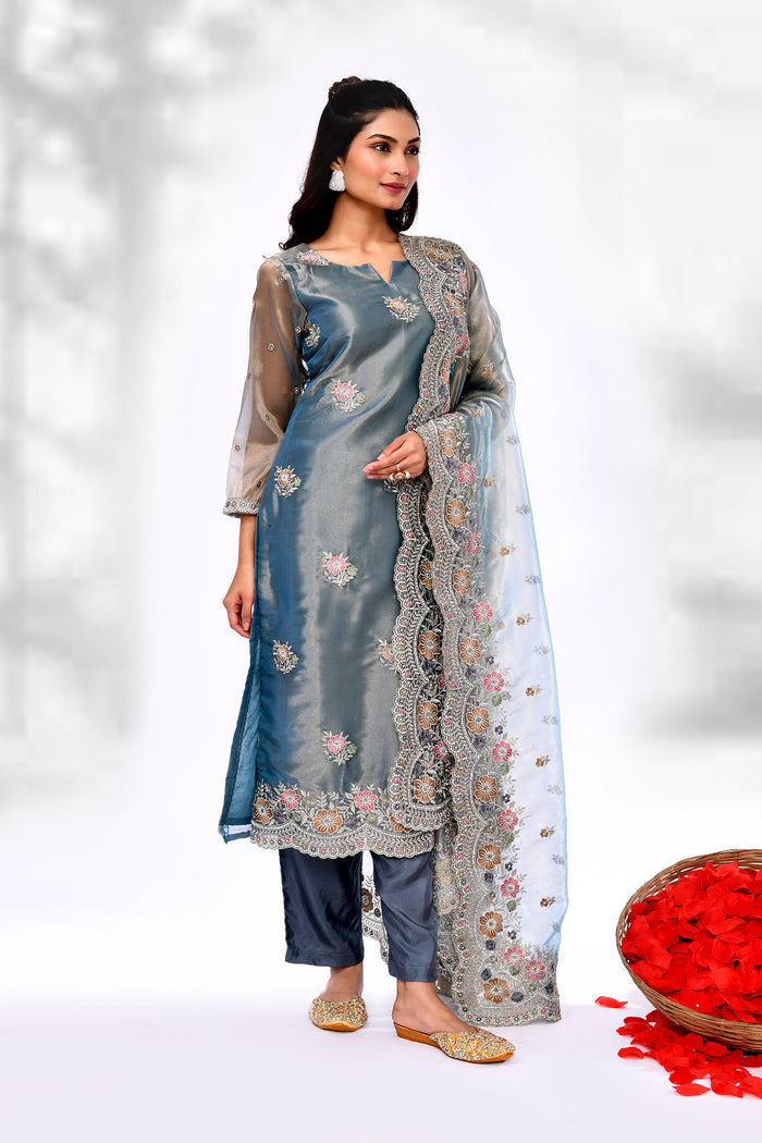 Teal Blue Organza Tissue Floral Kurta Set