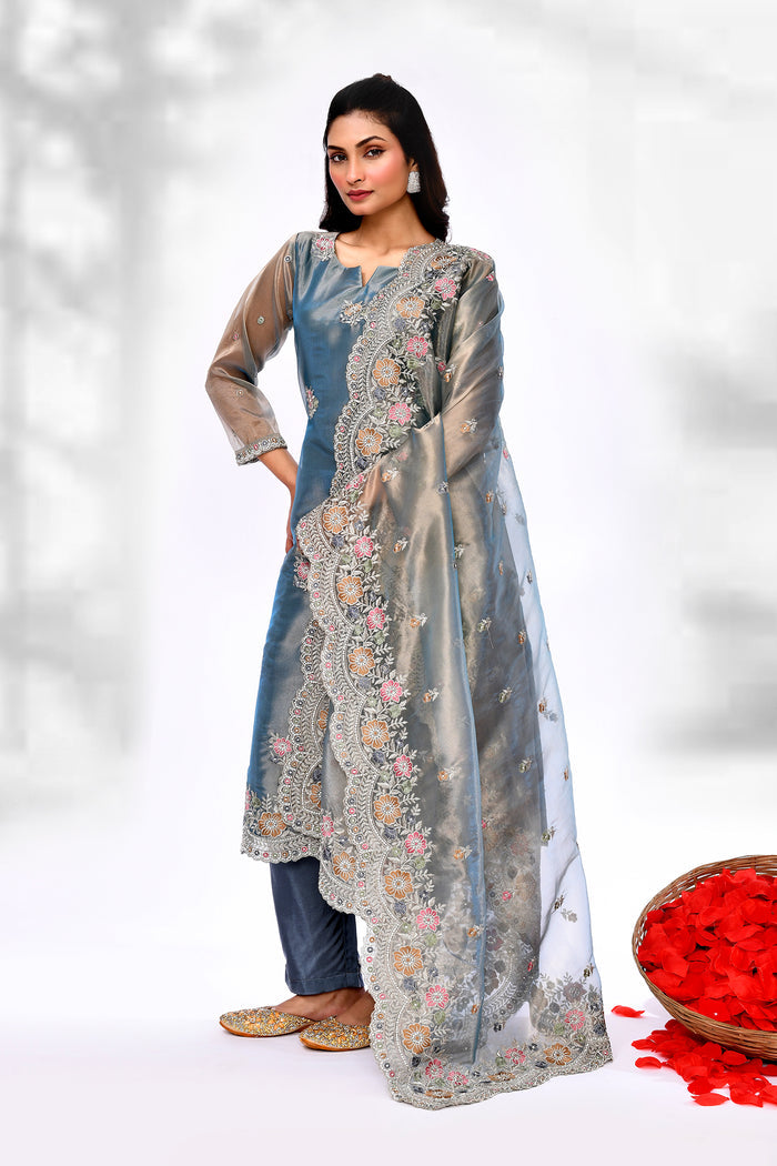 Teal Blue Organza Tissue Floral Kurta Set